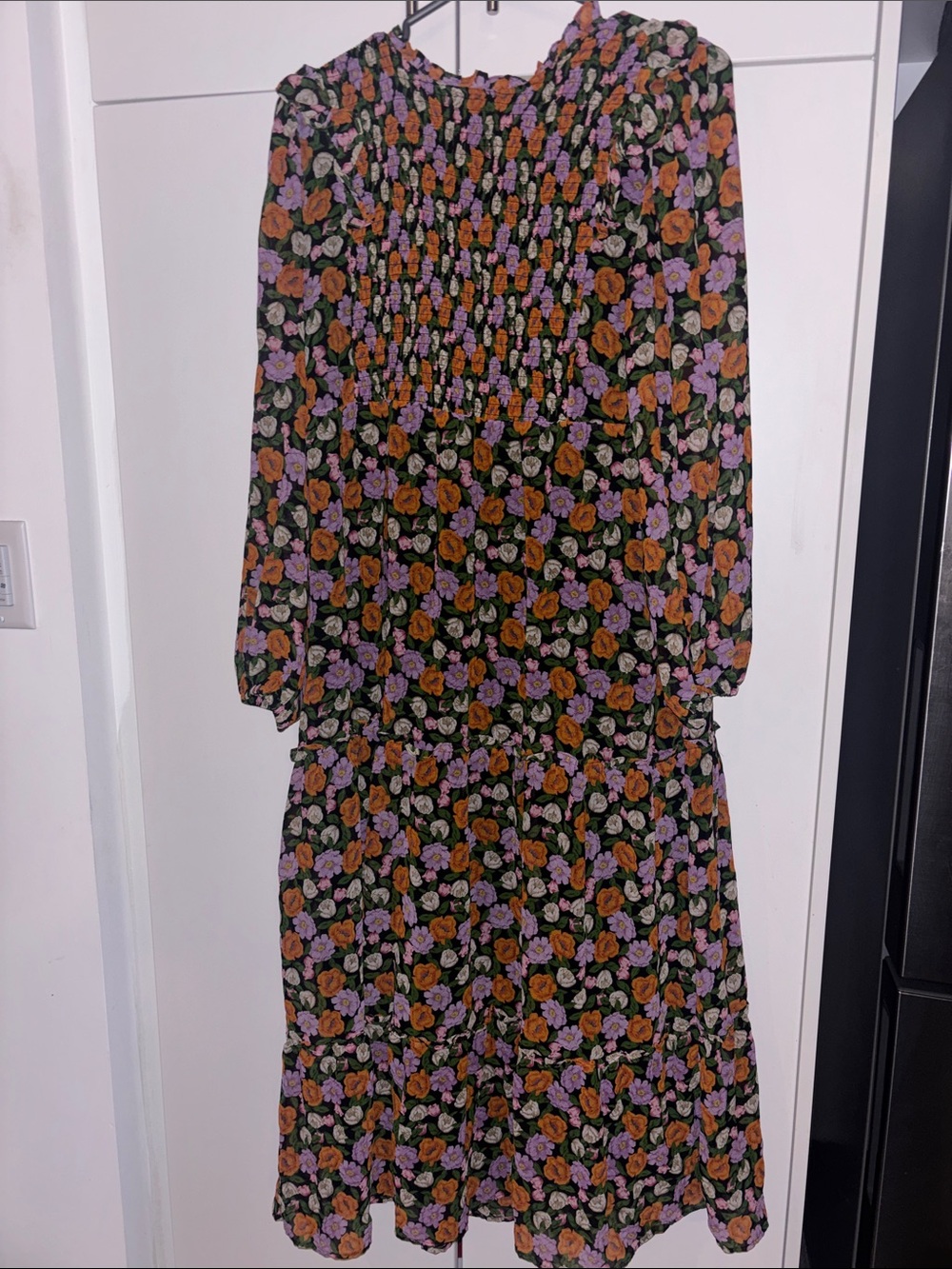 Mango Black Long Sleeve Smocked Midi Dress with Orange & Lavender Floral